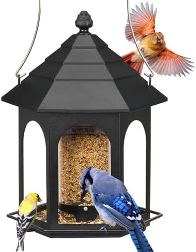 Kingsyard Metal Bird Feeder for Outdoors Hanging, 3 lbs Seed Feeder, Wild Bird Feeders for Garden Cardinal Finch Bluebird, Easy to Fill & Clean, Black