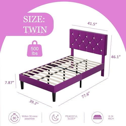 VECELO Twin Size Bed Frame with Diamond Tufted Headboard, Upholstered Platform Bedframe with Wood Slat Support, No Box Spring Needed, Royal Purple