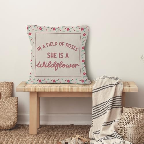 Girl Wildflower Nursery Throw Pillow Cover 18x18, in a Field of Roses She is a Wildflower Decorative Pillow Covers for Kids Girl Nursery Room Bedroom, Floral Accent Pillows Cover Pillowcases
