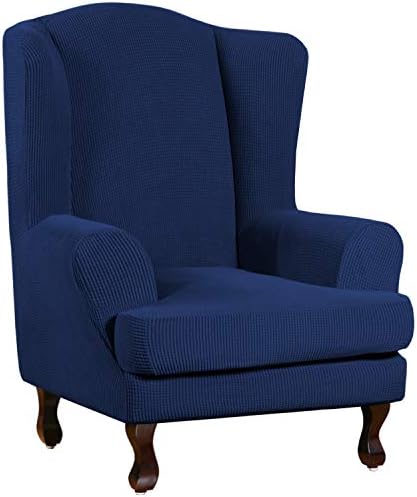 Turquoize Wingback Chair Covers 2 Piece Wing Chair Slipcover Stretch Slipcovers for Wingback Chairs Wing Chair Cover Spandex Jacquard Fabric with Elastic Bottom Non-Slip Furniture Cover, Navy
