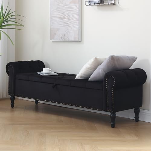 Storage Bed Bench for Bedroom, 67 Inches End of Bed Bench, Velvet King Size Bench with Arms, Tufted Button Storage Ottoman Benches, Upholstered Bench for Bedroom, Living Room, Entryway, Black