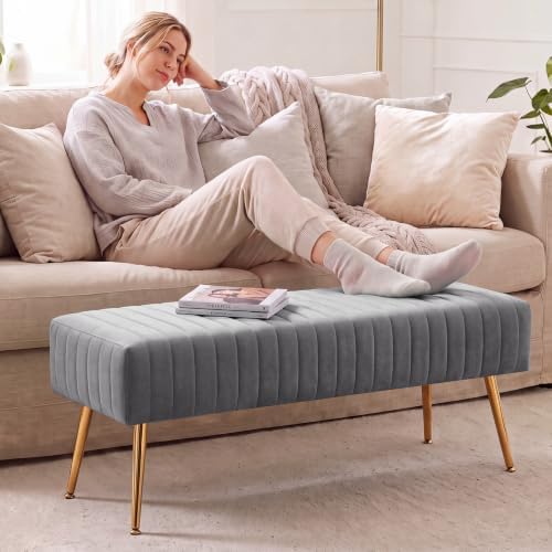 Furniliving 44 Inch Bedroom Benches, Upholstered Tufted Striped Fabric Ottoman Bench with X-Shaped Metal Legs for Living Room, Solid Wood Indoor Bench for Foyer (Grey)