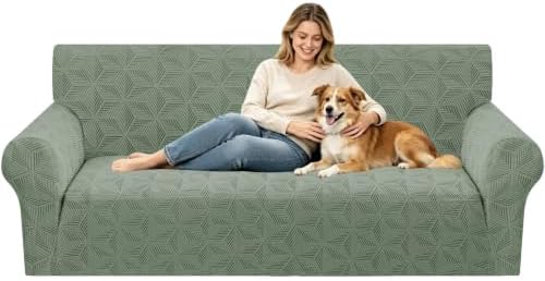ZNSAYOTX Stretch Couch Cover, 1 Piece Sofa Covers for 3 Cushion Couch, Jacquard Sofa Slipcovers with Elastic Bottom Thickened Furniture Protector for Dog Cat Pet (Large, Army Green)