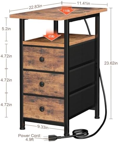 LOAKEKEL Narrow Side Table, Small End Table with Charging Station