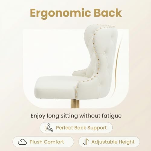 Set of 2 Adjustable Swivel Bar Stools,Faux Leather Upholstered Counter Height Chairs with Nailhead Trim, Gold Footrest, and High Back for Kitchen Island, Home Bar, Dining Room, Cafe,White