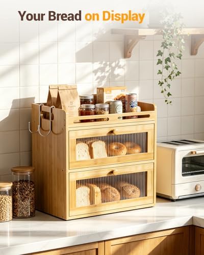 Bread Box for Kitchen Countertop, 2-Tier Bamboo Storage with Top Shelf