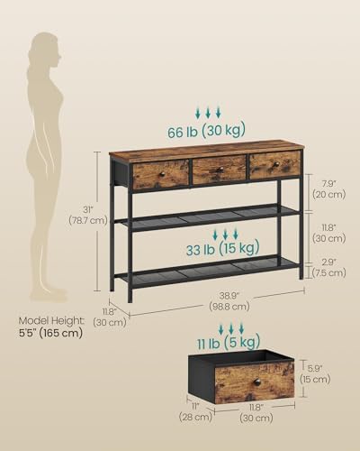 SONGMICS Console Table with 3 Fabric Drawers, Narrow Entryway Furniture