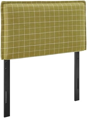 Modway Camille Twin Size Checkered Linen Blend Plaid Headboard with Removable Slipcover – in Artichoke Windowpane Check - Padded Pillow Style Headboard with Adjustable Mounting for Twin Beds