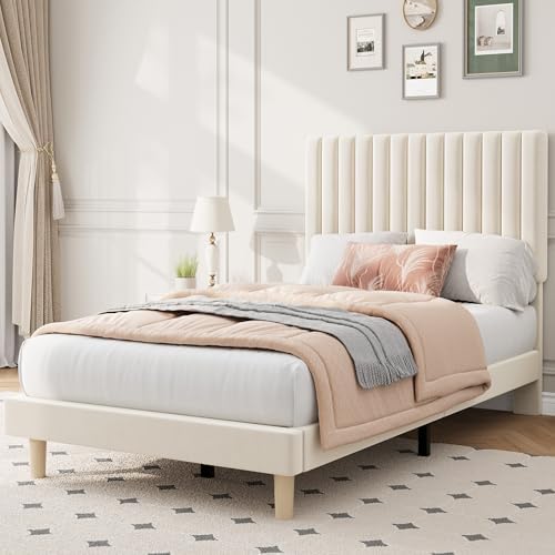 Twin Bed Frame with Adjustable Headboard, Velvet Upholstered Platform Bed