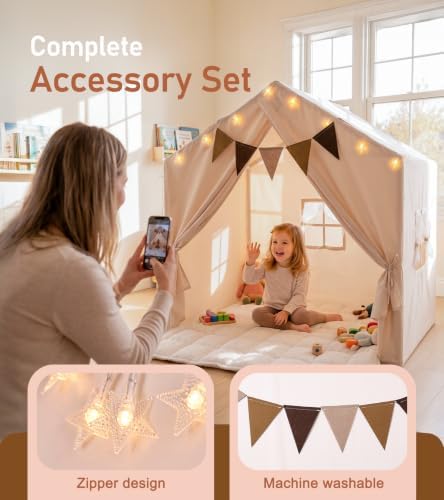 Little Dove Kids Play Tent with Star Lights & 2 Windows, Large Reading Nook & Playhouse for Indoor & Outdoor Use, Play Tent for Boys & Girls, Birthday, 52"x35"x51", Cream