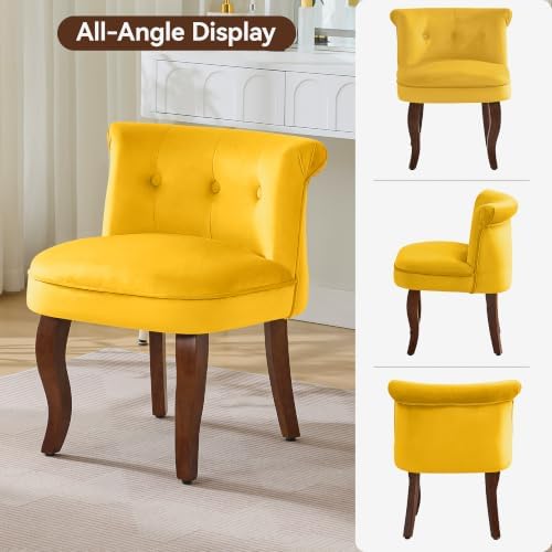 WUTUTUEE Velvet Vanity Chair with Back, Tufted Upholstered Vanity Stool with Solid Wood Legs, Mid Century Small Makeup Chair for Vanity, Accent Chair for Bedroom, Living Room, Yellow
