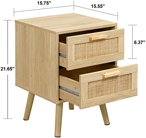 Finnhomy Nightstand, End Table, Side Table with 2 Hand Made Rattan Decorated Drawers, Wood Accent Table with Storage for Bedroom, Natural (Patented)