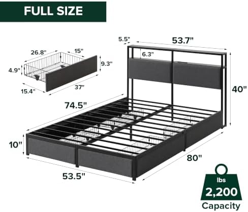 Zinus Michael Upholstered Platform Bed Frame, Four Underbed Drawers, Full