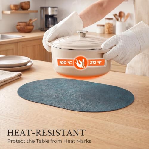 MOSAYT Vinyl Faux Leather Oval Placemats, Set of 4, Navy Blue