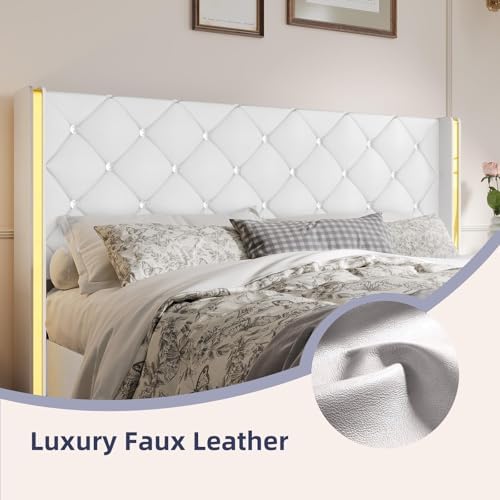 HOMBCK King Bed Frame with Leather Headboard, Goldside Wingback, White
