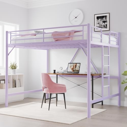 VINGLI Queen Loft Bed with Flat Rungs for Adults, Kids and Young Teens, No Box Spring Required,Heavy Duty Metal Slat Support, Purple