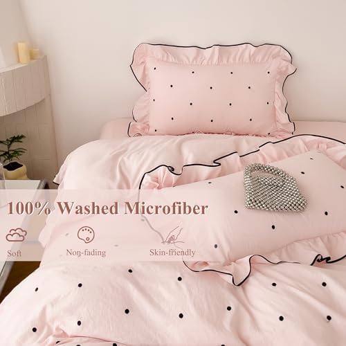 Black Polka Dot Duvet Cover Queen 3-Piece Vintage Pink Ruffled Bedding Set