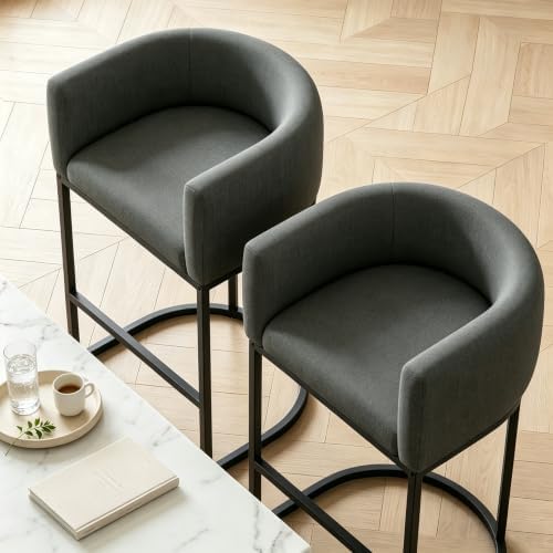 26" H Counter Height Bar Stools Set of 3, Modern Barrel Counter Stools with Backrest and Arms, Linen Fabric Upholstered Accent Barstools for Kitchen Island,Support 450 LBS (Carbon Black)