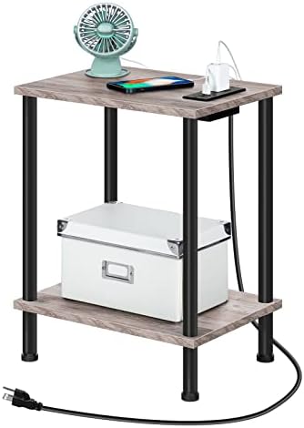 HOOBRO Side Table with Charging Station, End Table with USB Ports and Outlet, Nightstand with 2-Layer Storage Shelves for Small Spaces, Living Room, Bedroom, Stable Frame, Greige and Black BG09UBZ01