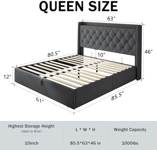 GalnFu Queen Size Bed Frame with Storage, Upholstered Queen Lift up Storage Bed Frame with Charging Station, Button Tufted Headboard, No Box Spring Needed, Easy Assembly, Noise Free, Dark Gray