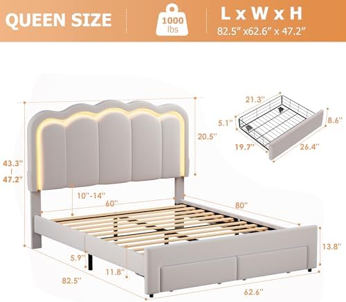 Queen Upholstered LED Bed Frame with 2 Storage Drawers and Adjustable Chic Double Wavy Headboard, Velvet Prince Platform Bed with Charing Station, Solid Wood Slats Support,No Box Spring Needed,Grey