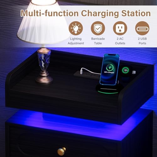 4ever2buy Black Nightstand Set of 2 with Charging Station and LED Lights