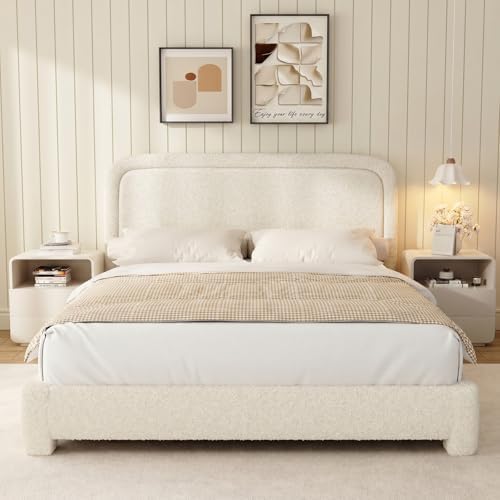 WEUP Full Size Boucle Bed Frame, Upholstered Cloud Bed Frame with Headboard, Soft Rounded Corners, No Box Spring Required, Adjustable Headboard, Easy Assembly