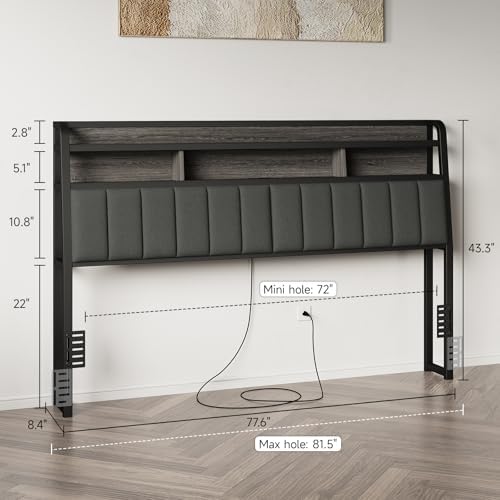 King Headboard Only with Storage, Charging Station, Black & Grey