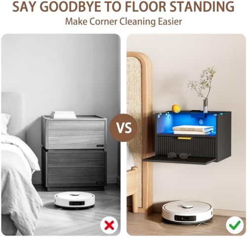 Modern Floating Nightstand Set of 2 with Charging Station & Light (Black)