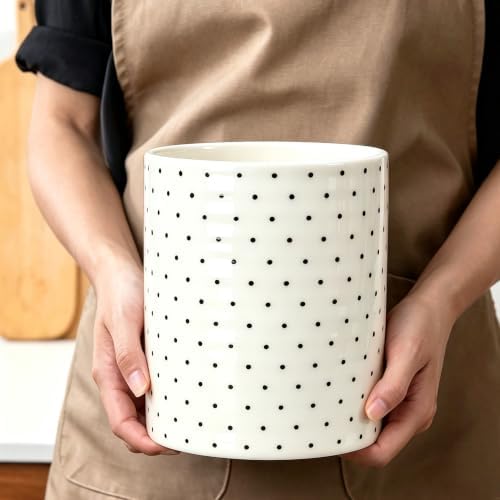 Kitchen Utensil Holder,7.2-inch Extra Large Ceramic Polka Dots Pattern Utensil Crock,Cooking Utensil Organizer for Kitchen Counter Decor,Storage Caddy Farmhouse Gift White