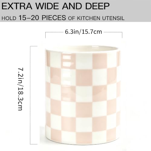 Kitchen Utensil Holder,7.2-inch Extra Large Ceramic Checkered Pattern Utensil Crock,Cooking Utensil Organizer for Kitchen Counter Decor,Storage Caddy Farmhouse Gift Beige