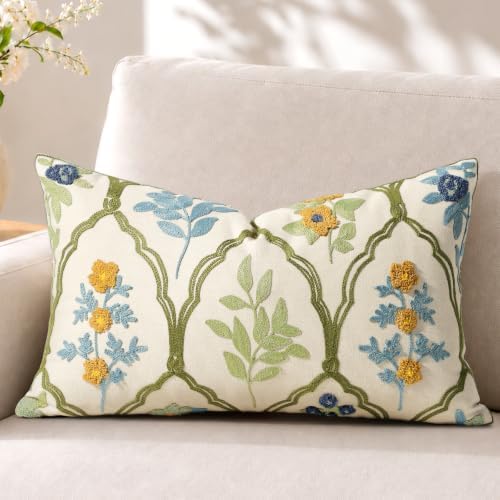 Embroidered Floral Lumbar Pillow Cover 20x12 Inch, Verdant Blooms