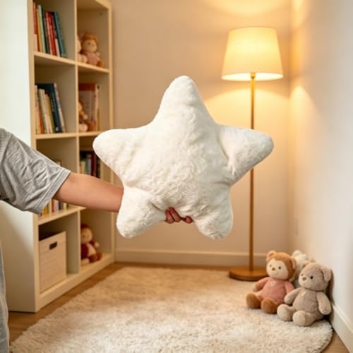 Star Shaped Throw Pillows Set of 2,Cute Plush Decorative Pillows with Fluffy Faux Rabbit Fur, Soft Star Cushion for Sofa Couch Bed Living Room Bedroom Home Decor (White, 15.7")