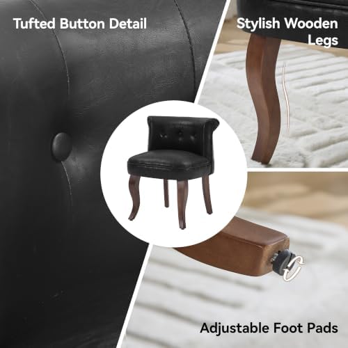 WUTUTUEE Leather Vanity Chair with Back, Tufted Upholstered Vanity Stool with Solid Wood Legs, Mid Century Small Makeup Chair for Vanity, Accent Chair for Bedroom, Living Room, Black