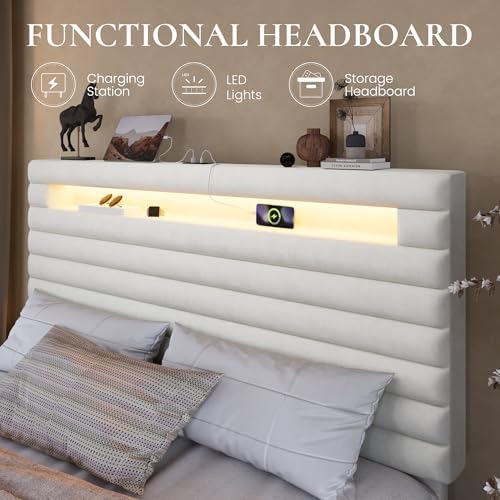 SHA CERLIN Full Bed Frame with LED Light & 2-Tier Storage Shelf, White