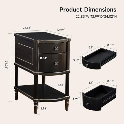 ONBRILL Pre-Assembled Narrow End Table with Charging Station, Black