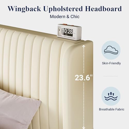 Allewie Full Size Velvet Bed Frame, Upholstered Wingback Headboard, Cream