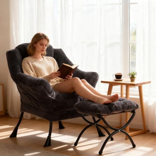 Welnow Lazy Chair with Ottoman, Reading Chair with Footrest, Navy Blue