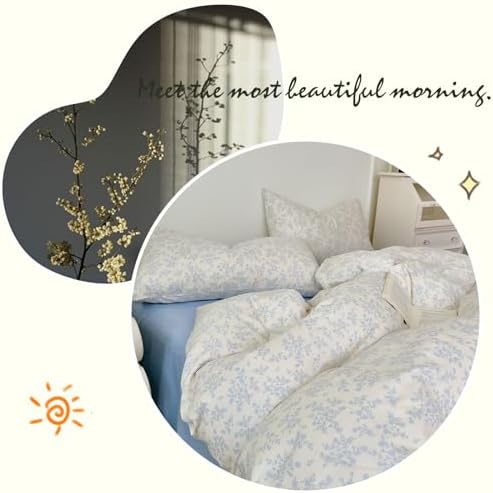 HighBuy Muslin Duvet Cover Queen Bedding Set,Comfy Soft Gauze Chic Blue Floral Print Quilt Comforter Cover with 2 Pillowcases,French Country Floral Bedding Set Zipper Closure,All Season