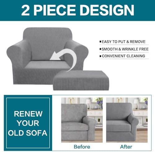 Turquoize 2 Piece Chair Covers Chair Slipcovers for Living Room Small Armchair Chair Cover with Arms Washable Furniture Cover for Chairs Feature Thick Jacquard Fabric (Small Armchair, Dove)