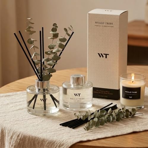 Flower Reed Diffuser Set Wild Eucalyptus Mint Scent for Bathroom Accessories Shelf Decor & Air Fresheners, Sticks Defusers with 5.1 fl oz Essential Oils & Leaves, House Bedroom Office Decor & Gifts