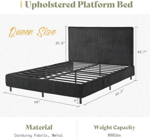 AMERLIFE Upholstered Bed Frame, Metal Bed with Headboard, Queen Black