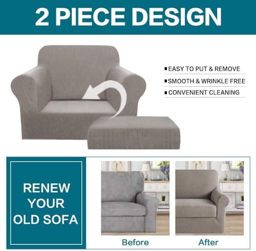 Turquoize 2 Piece Chair Covers Chair Slipcovers for Living Room Small Armchair Chair Cover with Arms Washable Furniture Cover for Chairs Feature Thick Jacquard Fabric (Small Armchair, Taupe)
