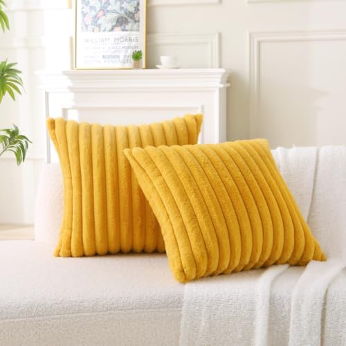 Decorative Throw Pillow with Inserts, Set of 2 Soft Faux Fur Throw Pillows, Square Boho Striped Pillow for Couch, Bed, Sofa Decor