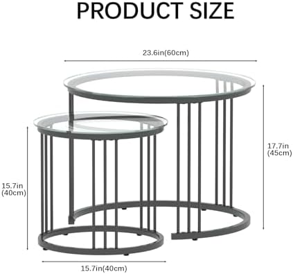 Garden 4 you Nesting Coffee Table, 23.6" Round Coffee Table Set of 2, Glass Nesting Table with Metal Frame, Ceter Tables for Living Room Bedroom Balcony, Black