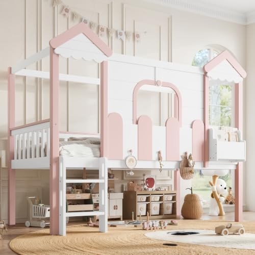 Twin Over Twin House Bunk Bed Frame with Bookshelf and Drawer, White