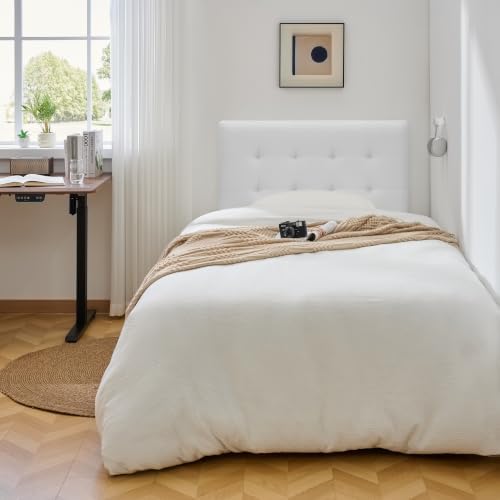 Linen Stitched Tufted Twin Headboard, Adjustable Height 37.2-46 in, White