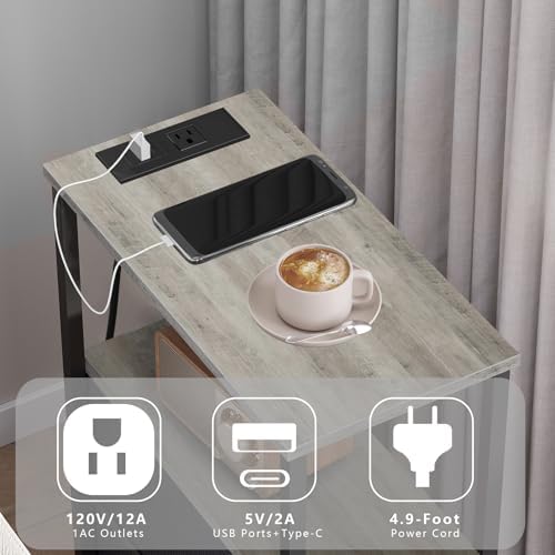 TUTOTAK Narrow End Table with Charging Station, Skinny Side Table