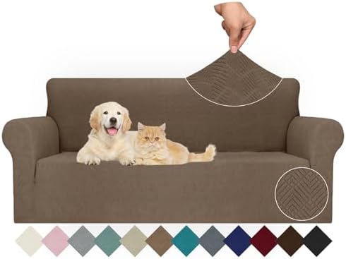 JIVINER Stretch Sofa Covers 1 Piece Couch Covers for 3 Cushion Couch Sofa, 3 Seater Sofa Slipcovers Furniture Protector with Elastic Bottom for Kids, Pets (Brown, Sofa)