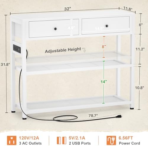 Ecoprsio Entryway Table with Outlets and USB Ports, Console Table with 2 Drawers, Small Sofa Table with Storage Shelves for Living Room, Couch, Hallway, Foyer, Kitchen Counter, 32'', White